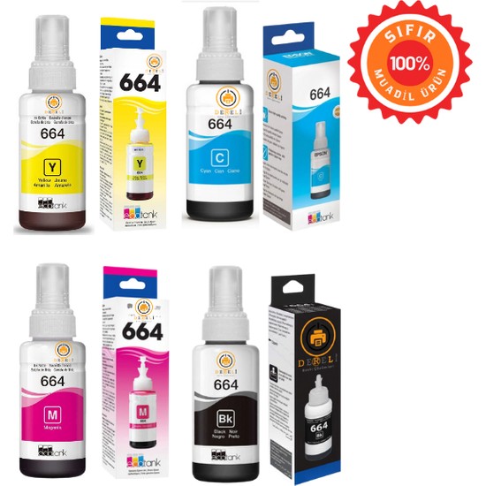 Drl Epson Uyumlu T6641-T6644 4 Renk Takım Muadil Mürekkep Seti (Siyah, Mavi, Kırmızı, Sarı) - L Serisi Tüm Tanklı Yazıcılar ile Uyumlu